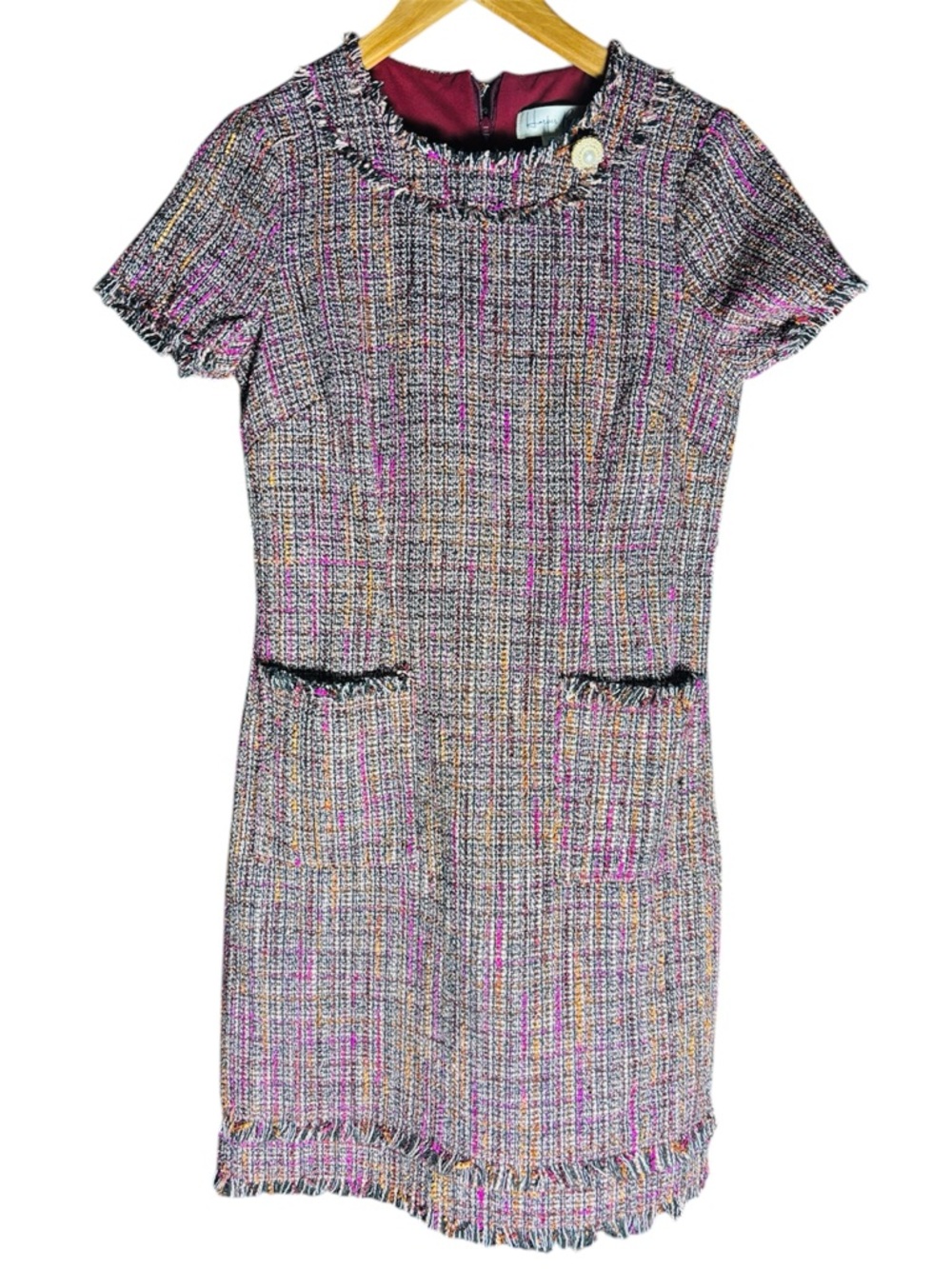 Harper Rose Tweed Fringe Short Sleeve Shift Dress - Pink Multi Size Small